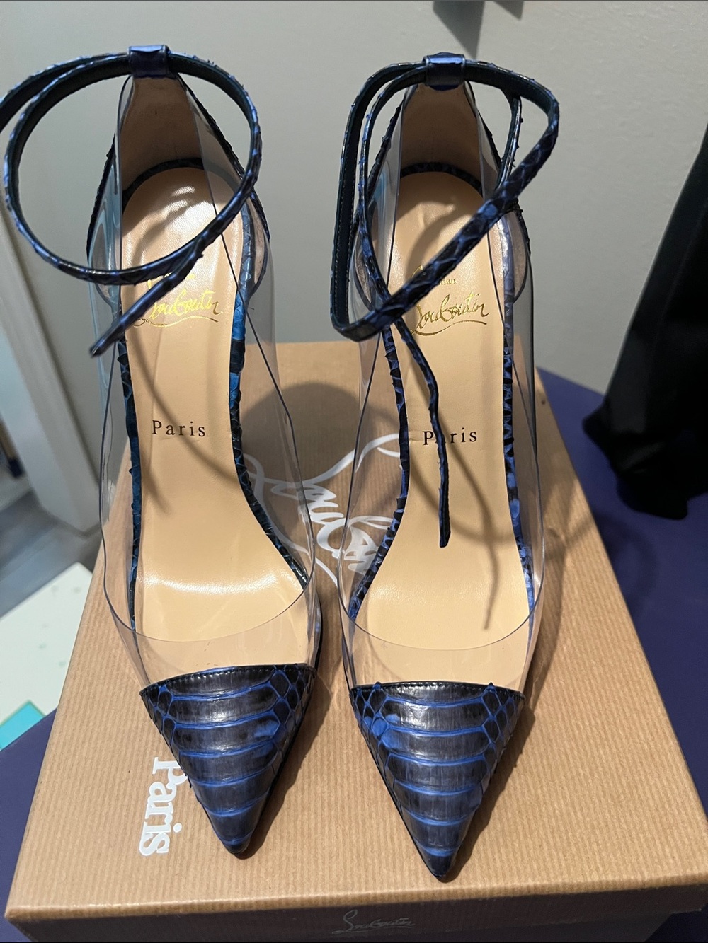 Christian Louboutin Blue Snakeskin-Trim Clear PVC Pointed Tie-Ankle Pumps